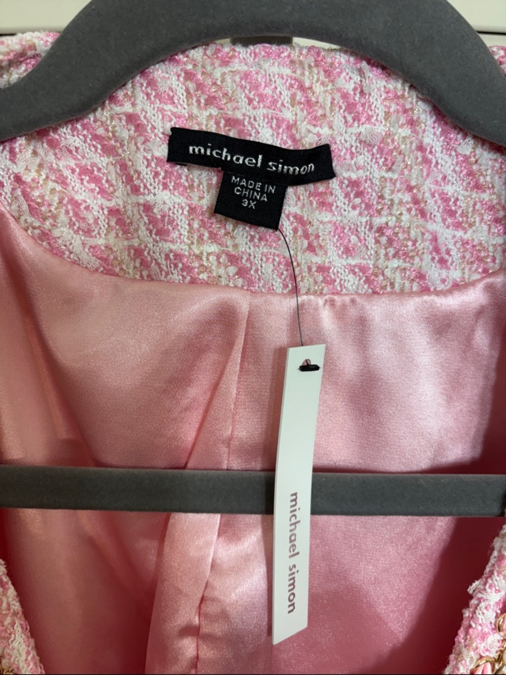 NWT Michael Simon Pink Tweed Ribbon & Pearls Fringe Jacket 3X - Picture 5 of 13